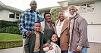 Family, happiness and face with generations by new house, flare and care with bonding on front lawn. Black people, grandparents and parents with children outdoor for moving, relocation or together