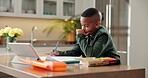 Thinking, elearning and tablet with black child in kitchen in home for reading, education and answer check. Reflection, math solution guide and online class with kid for study, student and exam