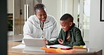 Smile, elearning and tablet with mother and black child in home for writing, education and support. Project help, notebook and online course with woman and kid in family house for math assignment