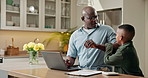 Child, laptop and disturb father in home for play, distraction and stress from remote work. African boy, attention and busy parent with computer for freelance, frustrated and annoyed with kid
