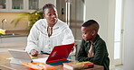 Frustrated, elearning and tablet with mother and black child for fail, education and support. Project help, notebook and online course with woman and kid in family house for difficult math assignment
