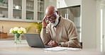 Senior, stress and black man with laptop in home for finance, over budget or tax inflation. Frustrated, elderly or male person with computer or house expenses for financial crisis, debt or bills