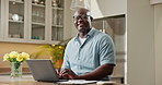 Laptop, face and black man with finance in home for expenses, budget planning or mortgage bills. Portrait, male person or smile with documents on computer for financial assessment or tax in house