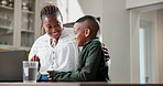 Laugh, elearning and laptop with mother and black child for smile, education and support. Project success, tutor and online course with woman and kid in family house for correct math answer and study