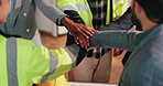 Engineer, team and stack hands for support, clapping or celebration for construction goal. People, architect and together for building success, applause or development mission with collaboration