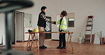 Site, blueprint or people handshake in construction for phase approval, renovation or compliance. Floor plan, foreman and inspector shaking hands for code correction, project clearance or remodeling