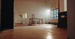 Construction, vacant or remodeling with table, building site or development in structure improvement. Flare, empty or refurbishment with repair progress, maintenance or renovation of infrastructure.