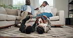 Children, siblings and play in home with tablet, bonding or knowledge game with parents supervision. African kids, boy and girl in family house with tech, typing or online educational gaming together