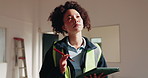 Architect, woman and thinking with tablet for construction, renovation or remodeling at site. Tech, planning and person with idea for development, refurbishment or home upgrade with design review