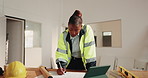 Woman, engineer and writing on document for construction, blueprint and sketch for architecture. Thinking, African person and drawing at site with paperwork, floor plan and layout for building design