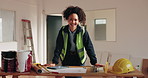 Construction, face or woman on site with smile, contractor or about us in architect profession. Industrial, happy or structure engineer with portrait, confidence or developer in building industry.