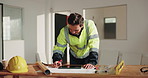 Man, engineer and tablet with document for construction, blueprint and sketch for architecture. Person, drawing and tech at site with paperwork, floor plan and property layout for building expansion