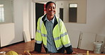 Construction, smile and engineer on site with face, contractor and about us in building profession. Pride, happy woman and architect with portrait, confidence and engineer in industrial industry.