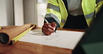 Construction, blueprint or hands on site with sketching, document or floor plan in building layout. Industrial, woman or engineer with design, drawing sheet or structure illustration for development.