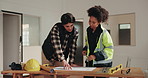 Architect, blueprint and meeting on site with construction manager, renovation or design discussion. People, talk or floor plan in commercial building for remodeling project, architecture or teamwork