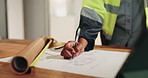 Hands, engineer and writing on document for construction, blueprint and sketch for architecture. Person, drawing and draft at site with paperwork, floor plan and layout structure for building upgrade