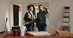 Architect, clipboard and talk on site with project manager, check construction timeline and design. Architecture, team and people in commercial building with conversation, planning and checklist.