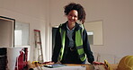 Construction, happy or woman on site with face, contractor or about us in architect profession. Pride, portrait or structure engineer with thinking, confidence or developer in building industry.