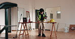 Construction, tablet and blueprint with writing, inspection or renovation assessment at job site. Man, technology and online checklist for remodeling, floor plan and notes for property development