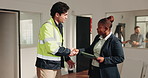 Architect, tablet and handshake on site with inspector, check compliance or explain building change. People, talk and shaking hands with commercial property manager, tech and architecture project.