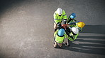 Team, space and architect with hands together in warehouse above for construction success. Top view, people or group of contractors piling with applause for winning, celebration or unity on mockup