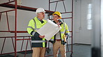 Architect, team and construction with blueprint in building for safety, security or preparation. Mature, man or civil engineer planning with contractor for floor layout, brainstorming or development