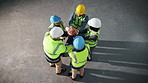 People, meeting and architect with hands together in warehouse above for construction or mission. Top view, team or group of contractors piling with stack or applause for success, unity or support