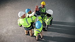 People, meeting and architect with high five in warehouse above for construction success or mission. Top view, team or group of contractors with touch or applause for winning, celebration or unity