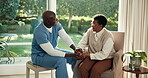 Senior care, nurse and holding hands with old woman in nursing home, support or talking with patient. Assisted living, caregiver and happy with elderly black person, chat and empathy for pensioner