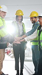 People, engineer and hand stack for construction, agreement and teamwork for architecture. Flare, smile or employees at site with applause, inspection success and collaboration for building milestone