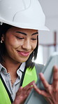 Tablet, architect and woman at site for maintenance report, schedule or construction progress. Smile, person and tech for building design approval, development review and quality control with flare