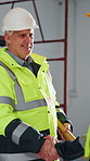 Man, engineer and handshake at site with blueprint, welcome and onboarding for construction. Smile, people and shaking hands with contractor, partnership and recruitment for architecture completion