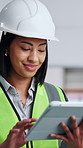 Tablet, architect and woman at site for renovation report, schedule or construction progress. Smile, person and technology for building design, development review and quality control for maintenance