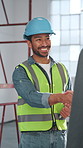 Man, engineer and handshake at site with tablet, welcome and onboarding for construction. Smile, people and shaking hands with contractor, partnership and recruitment for architecture completion