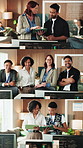 People, programming or team with tablet for software development, group project or app launch. Collage, portrait or proud employees with technology for computer science, data management or about us