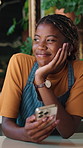Thinking, phone or barista in cafe with laughing, chat response or funny memory on work break. Texting, happy or black woman with joke nostalgia, hospitality meme or online communication in free time