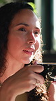 Woman, thinking and drinking coffee in cafe with smile, planning future and inspiration on weekend. Happy, female person and tea in calm restaurant with reflection, daydream and positive mindset.