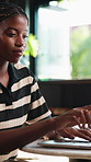 Remote work, copywriter and woman with laptop in cafe, smile and typing article on website and info. Copywriting, freelancer and black person with tech, email marketing and happy with project in shop