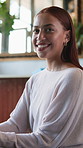 Face, smile and woman in cafe for remote work, confident copywriter and pride with laptop. Customer, freelancer and happy person in coffee shop with computer, creative career or story research