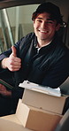 Tablet, face and delivery man with thumbs up for shipping, courier service and success. Ecommerce, logistics and portrait of person with tech, happy and emoji for parcel, package and supply chain