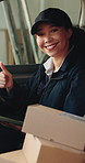 Tablet, face and delivery woman with thumbs up for shipping, courier service and success. Ecommerce, logistics and portrait of person with tech, happy and emoji for parcel, package and supply chain