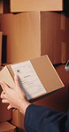 Scan, parcel and hands of delivery woman with barcode, label or receipt for shipping information. Package, ecommerce and person with scanner for logistics, supply chain or courier service for invoice