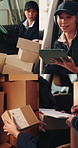 Collage, woman and boxes with delivery process for logistics, distribution or supply chain service. Series, female person or courier driver with packages, cargo or parcel for customer signature