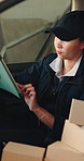Tablet, package and delivery woman in vehicle for shipping, courier service and check label for info. Ecommerce, logistics and person with tech for parcel, digital receipt and supply chain for order