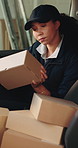 Tablet, parcel and delivery woman in vehicle for shipping, courier service and check label for info. Ecommerce, logistics and person with tech for tracking package, digital receipt and supply chain