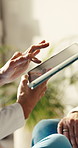 Tablet, hands and caregiver with person for discussion, examination results or report in nursing home. Retirement, nurse and elderly patient with tech for communication, consult or medical support