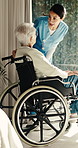 Woman, nurse and senior patient in wheelchair for support, elderly care or trust in old age home. Medical professional, caregiver and person with a disability for consulting, health advice or help