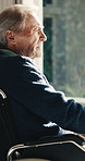 Thinking, relax and senior man in wheelchair with nostalgia, memory or remember retirement in house. Reflection, perspective and elderly person with disability in living room for decision on pension