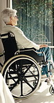 Thinking, relax and old woman in wheelchair with nostalgia, memory or remember retirement. Reflection, perspective and elderly person with disability in house for decision, pension or senior care