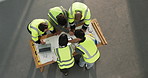 Architect, team and people with tablet in building, discussion or planning for property development. Civil engineer, space and colleagues with tech, above and collaboration with blueprint for design